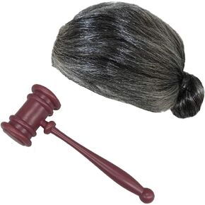 Judge's Law Gavel with Grey Hair Bun Wig Costume Set