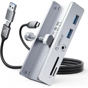ORICO USB Hub 3.0, Clamp USB Hub with Extra Power Port, Aluminum USB C Adapter with 2 USB-A Data Ports,3.5mm AUX, SD/TF Card Reader for Desktop(Silver)