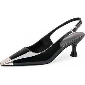 المرأة هريرة كعب Slingback ساحة تو مضخات مشبك حزام زخرفة المعادن براءات الاختراع والجلود مريحة أنيقة فستان الزفاف الأحذية