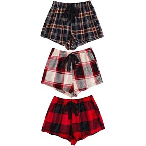 SHENHE Women's 3 Pieces Plaid Fuzzy Pajama Shorts Comfy fuzzy Plush Sleep Shorts Loungewear