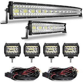 Led Light Bar 52 Inch Curved 975W + 22 Inch 390W Light Bars Triple Row Spot Flood Combo Off Road Lights Kits + 4Pcs 4in 60W Driving Fog Lights W/Wiring Harness Kit for Jeep Trucks Boat Lighting