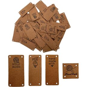 WiYould 40 Pcs PU Leather Label Faux Leather Handmade Sew on Tag Label Handmade Embossed Tag Embellishment Crochet Knit DIY Jeans Bags Shoes Hat Apparel Accessories(4 Types, Dark Brown)