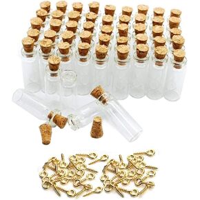 QXcom 60 Pcs 2ml Mini Vials Clear Glass Bottles Jars Tall Tiny Jars with Corks Stopper Small Corked Glass Bottle DIY Decoration Empty Little Bottle Eye Screws for Sand Arts Crafts Project Party Favors