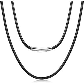 Fiusem Black Braided Leather Cord Necklace for Men, 2MM Black Mens Braided Leather Necklace Cord, Waterproof Black Necklace for Men, Women and Boys, Mens Necklace, 16-28 Inch