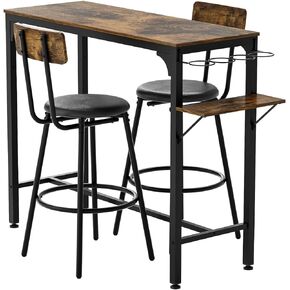 5-Piece Compact Strip Bar Set for 2 Bistro Table with Wine Rack & PU Leather Stools with Backrest Modern Home & Kitchen Decor Ideal for Small Spaces, 47.44"W x 15.75"D x 35.43"H, Antique Brown in Kuwait