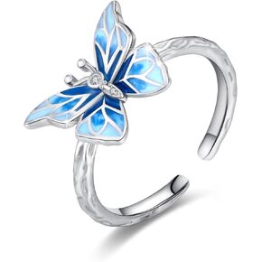 Cuoka Butterfly Rings 925 Sterling Silver Blue Butterfly Adjustable Rings,Hypoallergenic Fashion Dripping Oil Butterfly Rings Jewelry Birthday Graduation Gift for Women Girls Girlfriend Wife