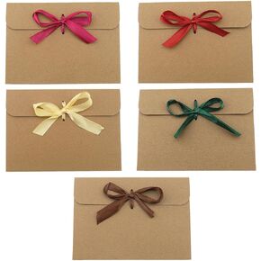 eMagTech 50pcs Envelopes with Ribbon Kraft Paper Bow Envelope for Gift Cards, Thanksgiving Envelopes, Party Invitations, Greeting Cards Brown