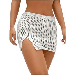 SHENHE Women's Sheer Hollow Out Drawstring Tie Waist Sexy Knit Skirt Y2k Slit Mini Skirt