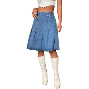 SweatyRocks Women's High Waist Jean Skirt Casual Basic Pleated A Line Midi Denim Skirts