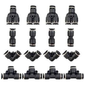 1/4 Inch od Quick Connect Pneumatic Fittings Air Line Push to Connect Fittings Plastic Air Tube Compression Fittings Kit Quick Release Connectors, Spliters Elbows Tee Straight, 16 Pack
