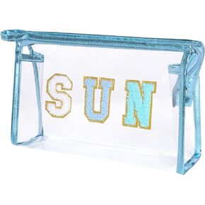 Clear Preppy Patch Makeup Bag, Sun Chenille Letter Bag for Beach, Clear Pouch with Zipper, Preppy Travel Bags Clear Cosmetic Toiletry Bag for Women Girls Teens (Blue)