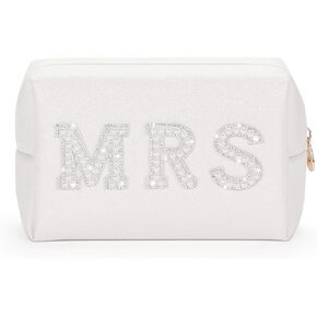 Etercycle Bride Letter Makeup Bag, Bride To Be Gifts Bling Pearl Rhinestone Patch Cosmetic Bag, Waterproof PU Travel Toiletry Bag for Bachelorette Party Women Wedding Bridal (Gold)