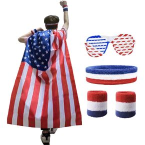 Colorful House American Flag Costume Cape,Retro 80's USA Sunglasses and Flag Headband Kerchief Unisex Patriotic Accessories
