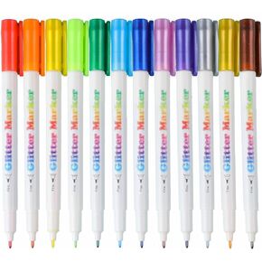 Sunshilor Glitter Markers Highlighter Pens Medium Point Fluorescent Color for Journaling Coloring Drawing Lettering Scrapbook Crafts
