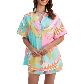 KIDDAD Women's Summer 2 Piece Vacation Outfits Tropical Printed Short Sleeve Hawaiian Shirt and Shorts