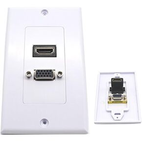 Poyiccot VGA Wall Plates, 1 Port HDMI Female + 1 Port VGA 15P Female AV Wall Outlet Video Socket Face Connector Plate White ABS (1HDMI+1VGA)