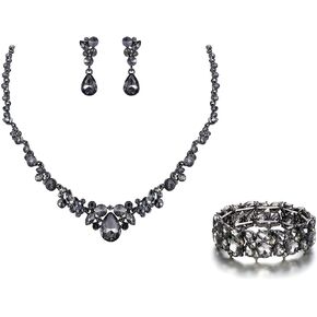 EVER FAITH Rhinestone Crystal Elegant Bridal Floral Teardrop 2 Layer Stretch Bracelet Necklace Earrings Set Grey Black-Tone