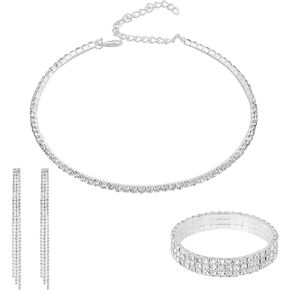 Rhinestone Jewelry Set for Women Rhinestone Choker Necklace Bracelet Rhinestone Earrings Dangling Prom Jewelry Sets Diamond Choker Necklace for Women Wedding Bridal Party