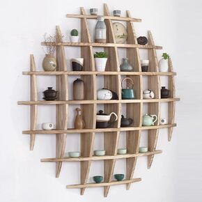 Solid Wood Chinese Tea Cup Holder, Wall Mounted Teapot Display Stand, Wall Decoration Teaware Shelf Storage Rack for Living Room Kitchen Office Commercial (Carbonization Color, 39x39'')