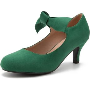 Women's Bowknot Mary Jane Low Kitten Heel Pumps Closed Toe Elastic Strap Dress Office Work Bridal Wedding Party Shoes