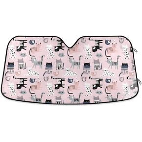 Funny Cat Car Windshield Sun Shade Cute Black White Kitty Animal Foldable UV Ray Sun Visor Protector Sunshade to Keep Your Vehicle Cool (55" x 27.6")