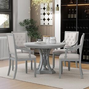 NicBex Small Dining Table Set for 4 Kitchen Table Set Retro 5-Piece Dining Set Extendable Round Table and 4 Chairs for Kitchen, Dining Room, Space-Saving, Antique Gray