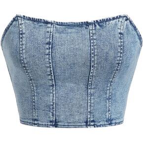 GORGLITTER Women's Sexy Zip Up Backless Strapless Denim Tube Top Sleeveless Crop Denim Tops