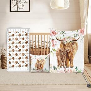 Baby Crib Bedding Set - Highland Cow Design Nursery Bedding 3 Pcs Set - Chic Soft Blanket, Sheet, Pillowcase for Newborns Boys Girls Gifts Color25