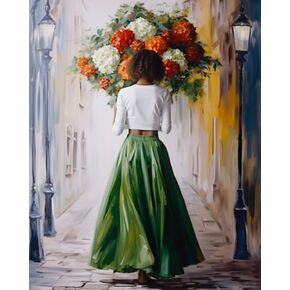 Holding Bouquet Woman Paint by Number Lady walk on Street DIY Painting on Canvas with Brushes Acrylic Paints Paint by Numbers for Adults and Kids Students Beginner DIY Kit 16x20 Inch（without Frame）