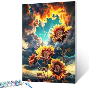 مجموعة طلاء عباد الشمس المتفتح في السماء الباردة بالأرقام مقاس 16 × 20 بوصة من القماش DIY لوحة زيتية للأطفال والطلاب والكبار المبتدئين مع فرش ورسومات البخاخة الملونة بصبغة الأكريليك (بدون إطار)