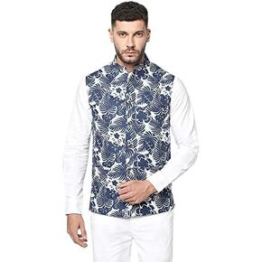 Blue Tropical Print Men's Nehru Jacket, Indian Festival & Wedding Outfit