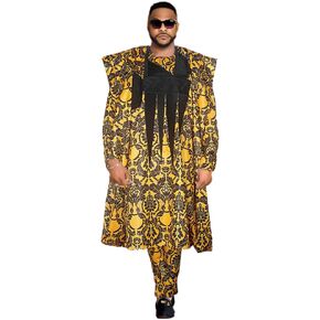 HD ملابس رجالي أفريقي التطريز Agbada بوبو قفطان قميص حريمي وسراويل مجموعة Dashiki 3 قطع وتتسابق in Kuwait