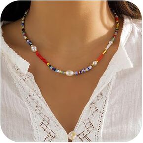 Bohemian Beaded Choker Necklace Pearl Necklace Boho Beach Jewelry for Women and Girls