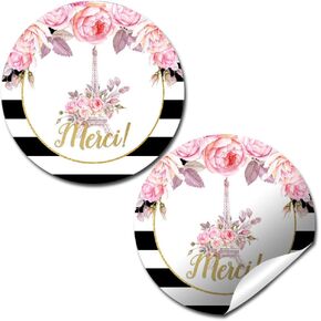 Ooh La La Paris Thank You Sticker Labels, 40 2" Party Circle Stickers by AmandaCreation, Great for Party Favors, Envelope Seals & Goodie Bags