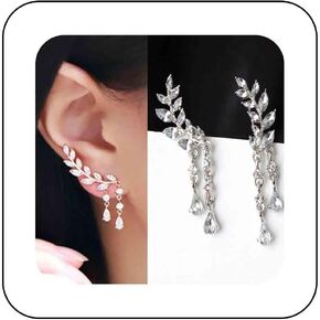 Crystal Ear Climber Earrings CZ Leaf Crawler Earrings Shiny Cubic Zirconia Dangle Earrings Wedding Bridal Jewelry for Women Girls