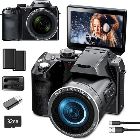 كاميرا رقمية بدقة 64 ميجابكسل للتصوير الفوتوغرافي، وكاميرا تسجيل فيديو بدقة 4K لليوتيوب مع شاشة قلاب مقاس 3 بوصات، وتكبير رقمي 16X، وواي فاي وتركيز تلقائي، وبطاريتين، وبطاقة TF سعة 32 جيجابايت (S200) in Kuwait