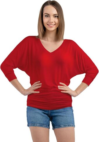 Women's Boat Neck/V-Neck 3/4 Sleeve Draped Dolman Top with Side Shirring Premium Shirt in Saudi Arabia