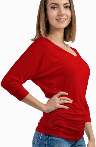 Women's Boat Neck/V-Neck 3/4 Sleeve Draped Dolman Top with Side Shirring Premium Shirt in Saudi Arabia