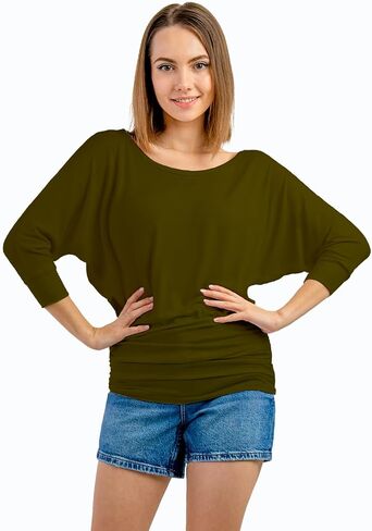 Women's Boat Neck/V-Neck 3/4 Sleeve Draped Dolman Top with Side Shirring Premium Shirt in Saudi Arabia