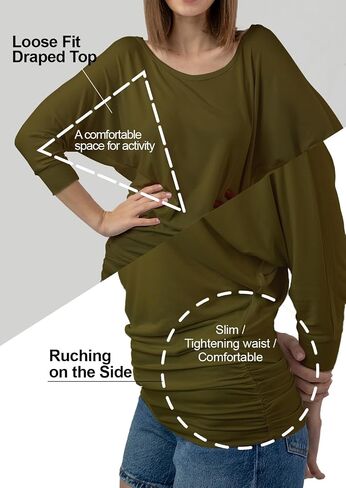 Women's Boat Neck/V-Neck 3/4 Sleeve Draped Dolman Top with Side Shirring Premium Shirt in Saudi Arabia