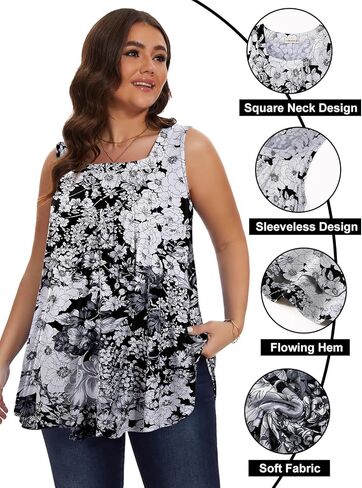 قمصان LARACE بمقاسات كبيرة للسيدات صيفية برقبة مربعة بدون أكمام، تونيك مطوي فضفاض، قمصان بدون أكمام غير رسمية in Kuwait