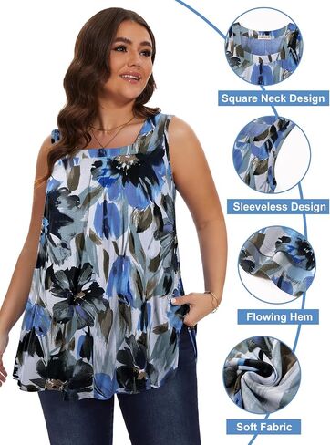 LARACE Plus Size Tops for Women Summer Square Neck Sleeveless Tunic Pleated Loose Casual Tank Tops in Saudi Arabia