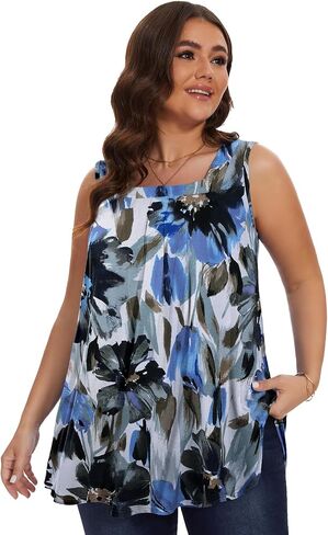 LARACE Plus Size Tops for Women Summer Square Neck Sleeveless Tunic Pleated Loose Casual Tank Tops in Saudi Arabia