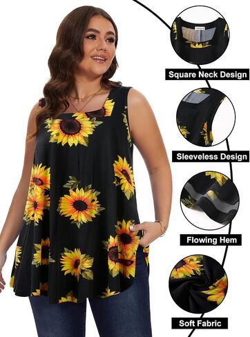 LARACE Plus Size Tops for Women Summer Square Neck Sleeveless Tunic Pleated Loose Casual Tank Tops in Saudi Arabia