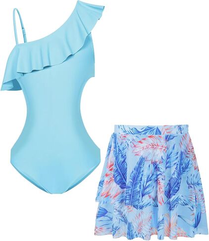 Haloumoning Girls One Piece Swimsuits with Mesh Skirt Ruffle One Shoulder Cut Out Bathing Suit Swimwear 5-14Y in Saudi Arabia