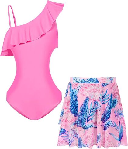 Haloumoning Girls One Piece Swimsuits with Mesh Skirt Ruffle One Shoulder Cut Out Bathing Suit Swimwear 5-14Y in Saudi Arabia