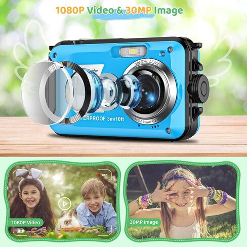 Kids Digital Camera with 32GB Card Waterproof Digital Camera for Kids 10FT 30MP FHD 1080P Compact Portable 16X Digital Zoom Point and Shoot Digital Camera in Kuwait
