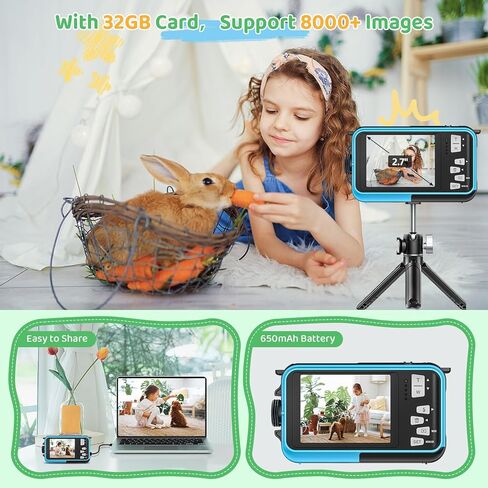 Kids Digital Camera with 32GB Card Waterproof Digital Camera for Kids 10FT 30MP FHD 1080P Compact Portable 16X Digital Zoom Point and Shoot Digital Camera in Kuwait