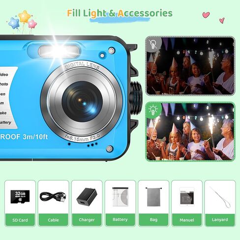 Kids Digital Camera with 32GB Card Waterproof Digital Camera for Kids 10FT 30MP FHD 1080P Compact Portable 16X Digital Zoom Point and Shoot Digital Camera in Kuwait