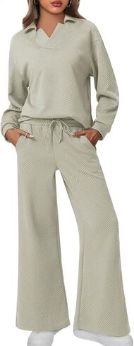 Imily Bela Womens 2 Piece Outfits Sweatsuits Sets V Neck Sweatshirt Wide Leg Sweatpants Casual Textured Tracksuit in Saudi Arabia